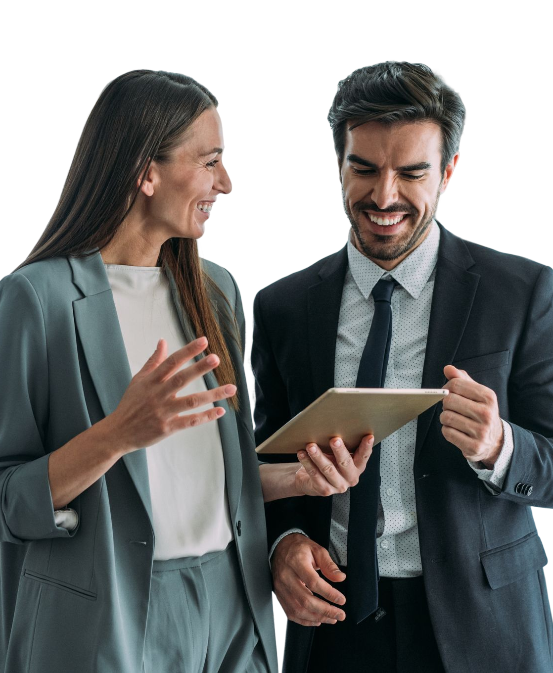 2 people looking at a tablet, happy