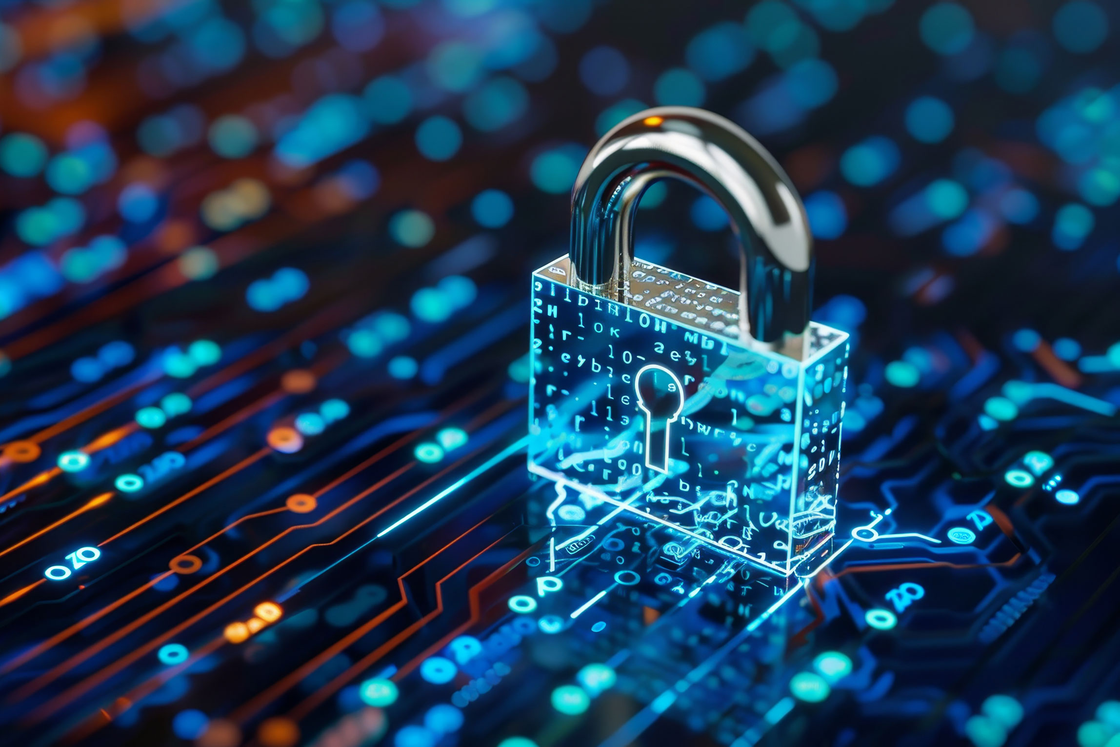 Cyber security, lock with tech circuit background